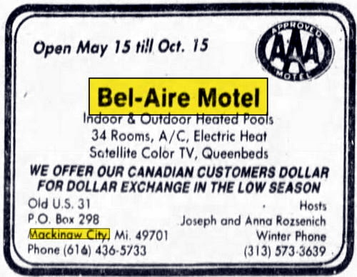 Bel-Aire Motel (Great Lakes Inn, Bel Aire Motel) - Apr 13 1985 Ad (newer photo)